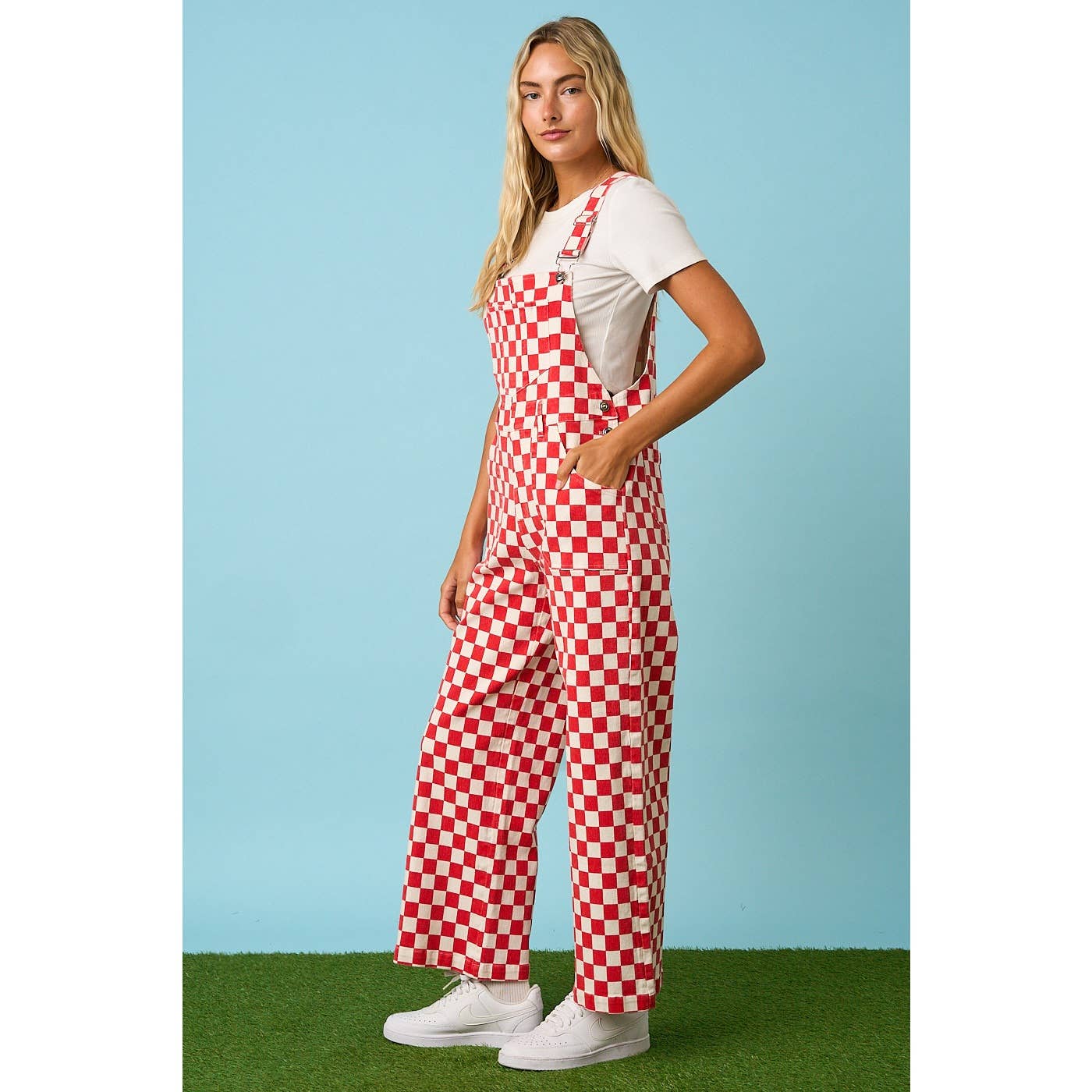 GAME DAY CHECKERED WIDE LEG BIB OVERALLS