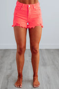 Risen Electric Coral Distressed Denim Shorts