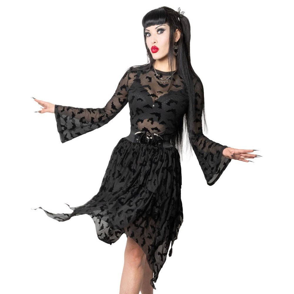 Bat Repeat Mesh Tiered Midi Skirt