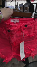 Risen Electric Coral Distressed Denim Shorts